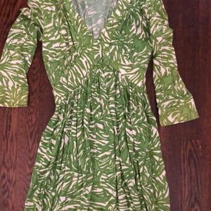 Milly Green+White Print Dress 3/4 Sleeve V Neck S